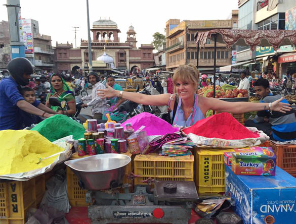 Gabriela at holi color shop in Rajasthan